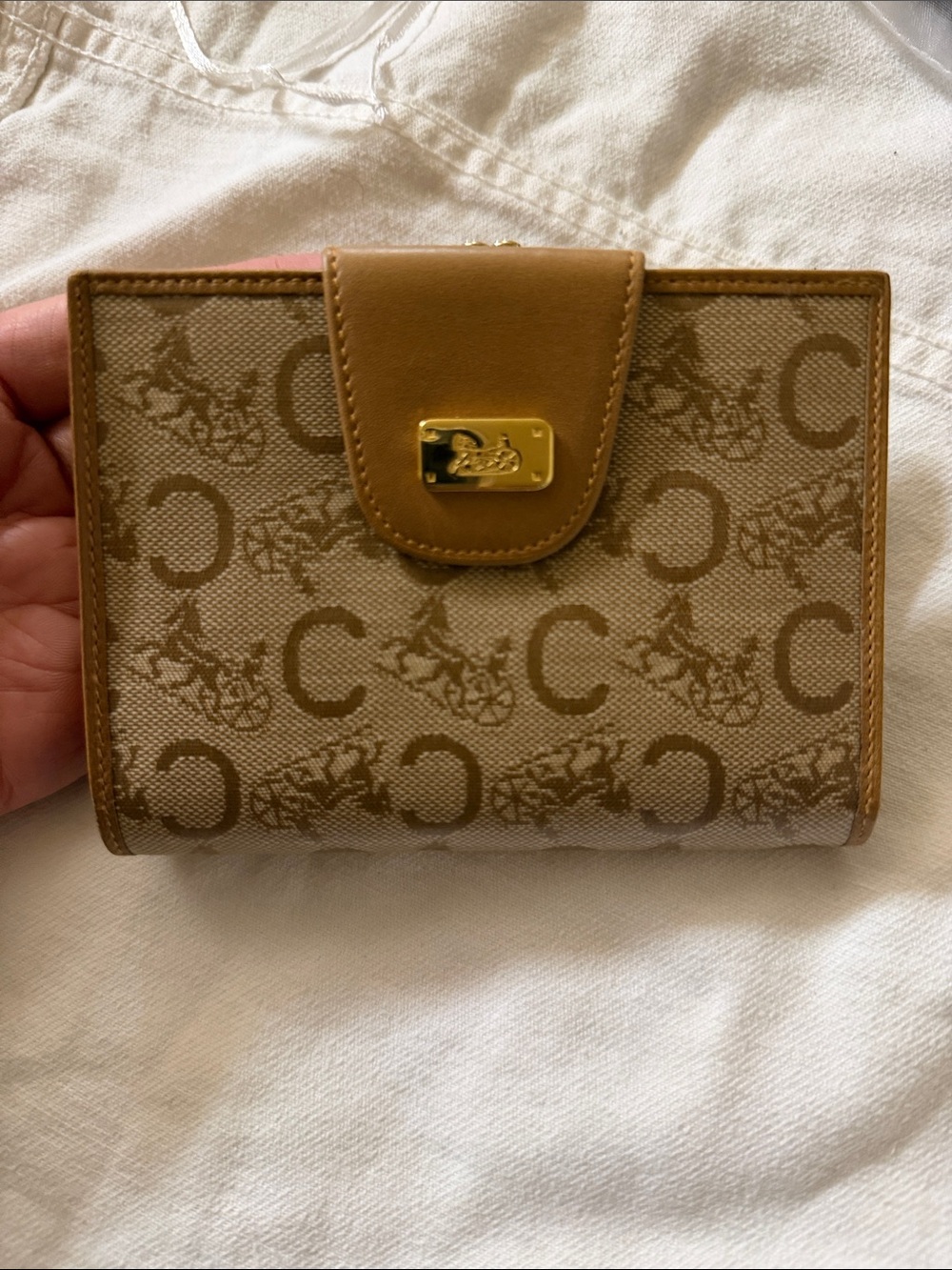 Designer-Style Small Wallet in Tan Canvas with Gold Hardware